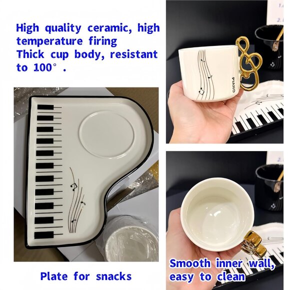 NWOT piano music novelty ceramic mugs with "saucers" and spoons, set of 2 - Picture 7 of 7